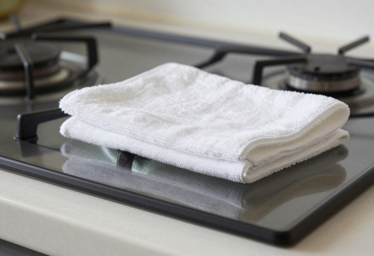 Sparkling clean glass stove top with a microfiber cloth