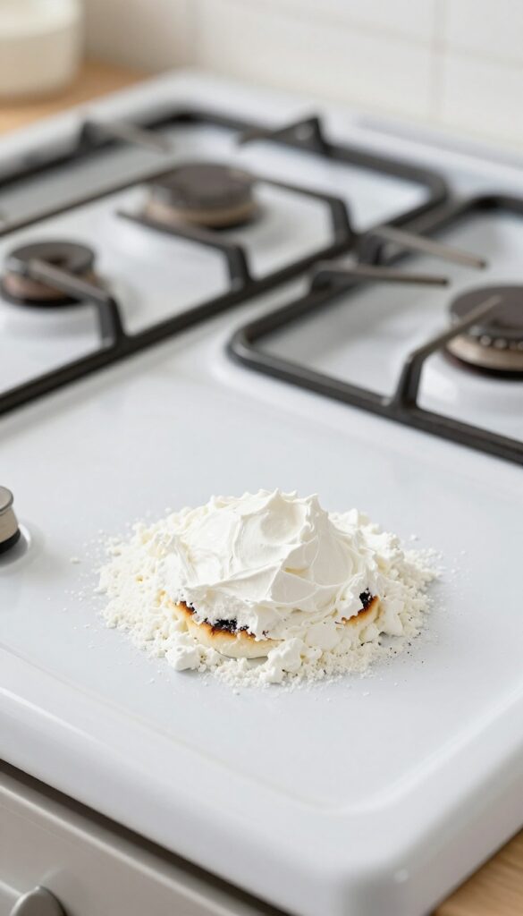 Cream of tartar powder on a gas stove top with a sponge nearby, ready to clean stubborn burnt spots.