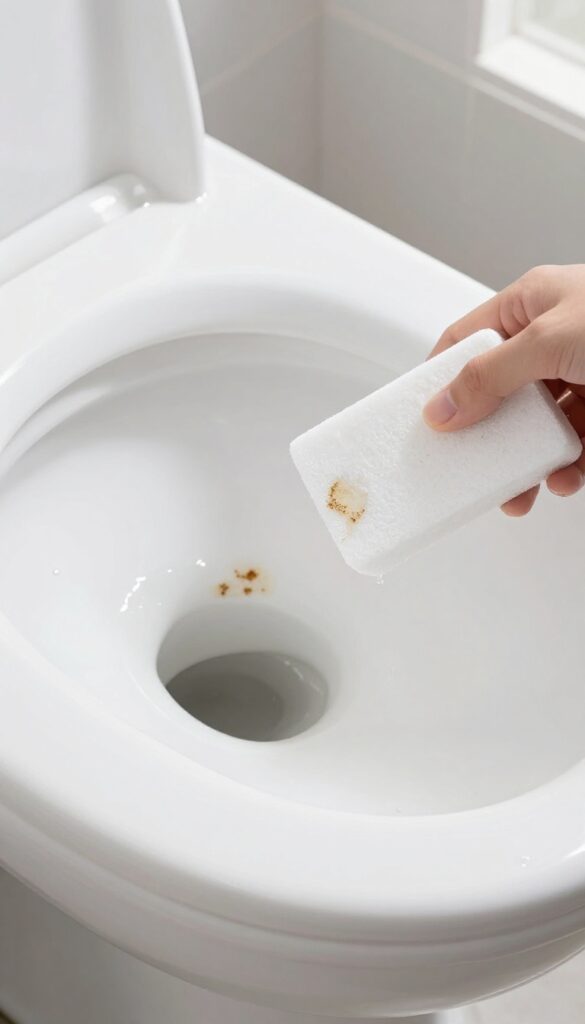 Hand scrubbing a toilet bowl with a wet pumice stone to remove hard water stains