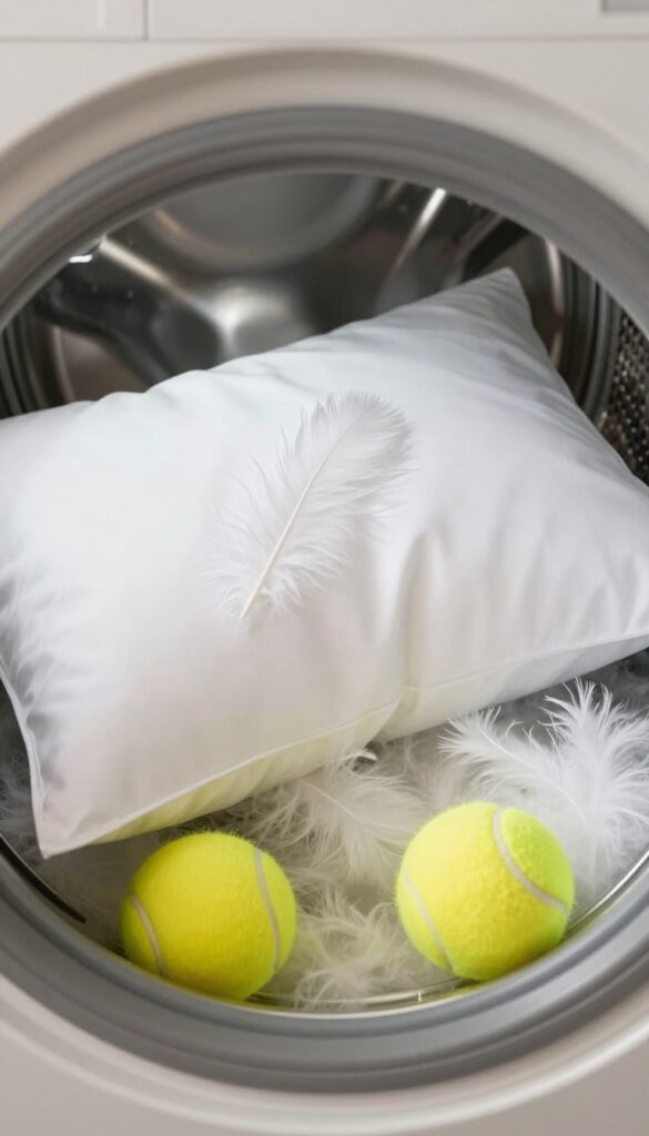 Feather pillow drying in dryer with tennis balls to restore fluffiness
