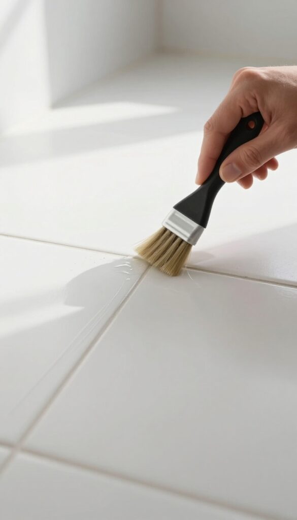 Hand applying grout sealer to clean tile floor grout lines with a small brush, bright natural light, clean bathroom floor.