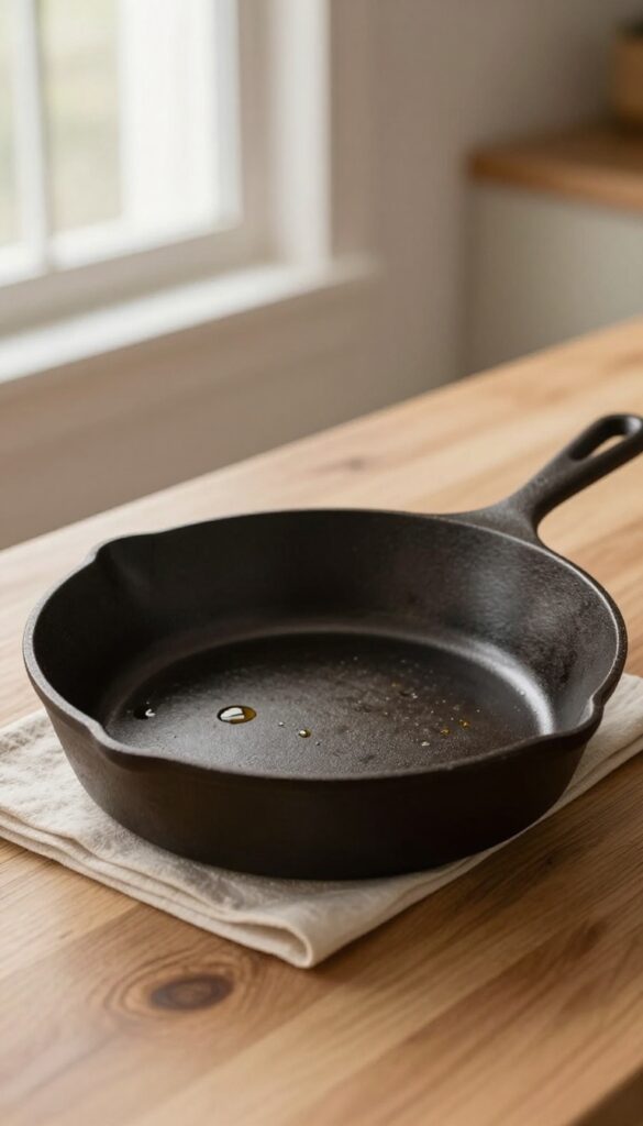 Cast iron skillet with oil and paper towel on wooden countertop
