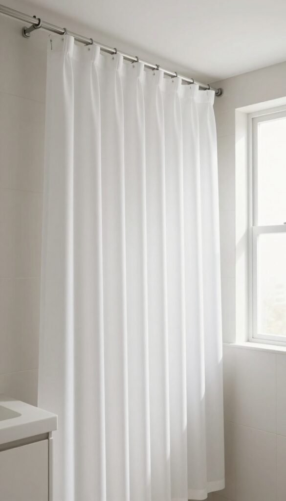 Ceiling-mounted shower curtain track system in a bright bathroom with floor-length white curtain, creating a taller look.