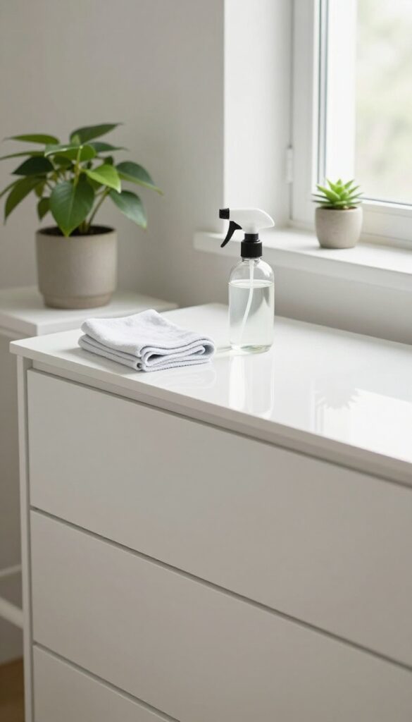 Wiping down a wooden dresser with a microfiber cloth, cleaning supplies nearby, bright natural light.