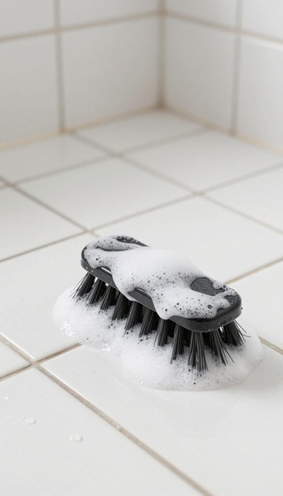 Close-up of a grout brush scrubbing grout lines on a wet shower floor