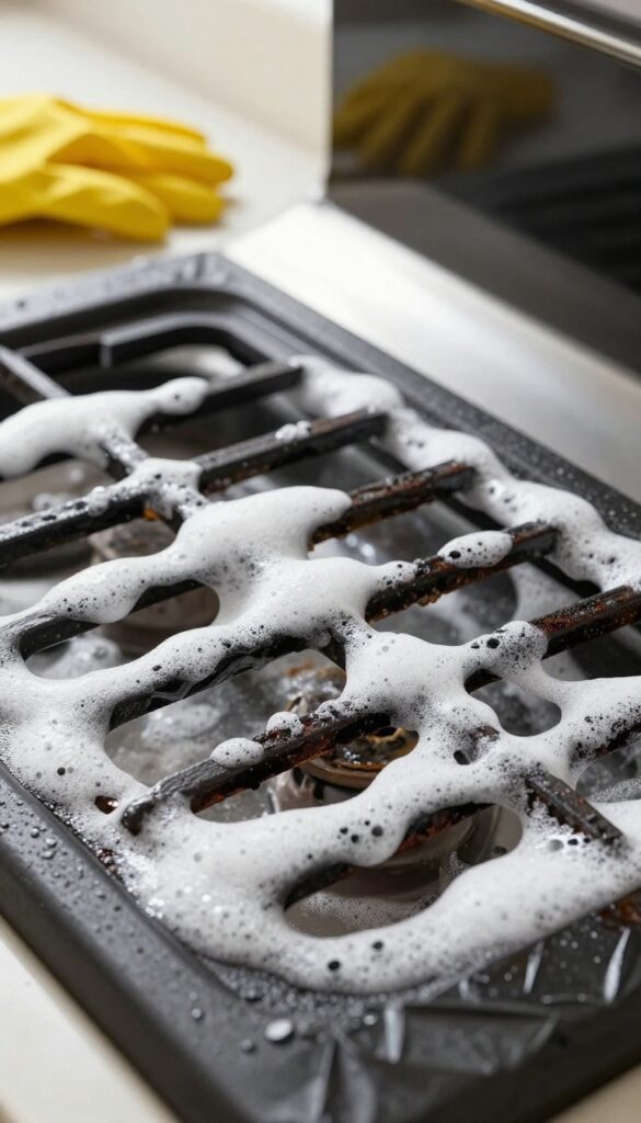 Stove grate covered in oven cleaner foam on a trash bag, with rubber gloves nearby