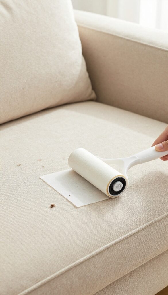 Lint roller being used to remove pet hair and lint from a beige fabric sofa
