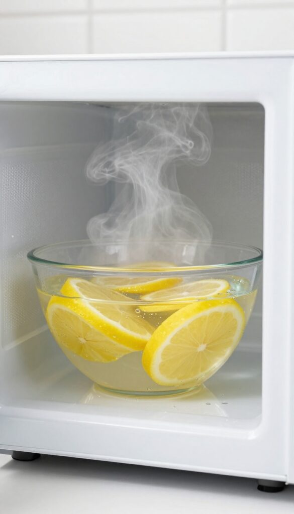 Microwave interior with steam and lemon slices in a bowl, clean and shiny