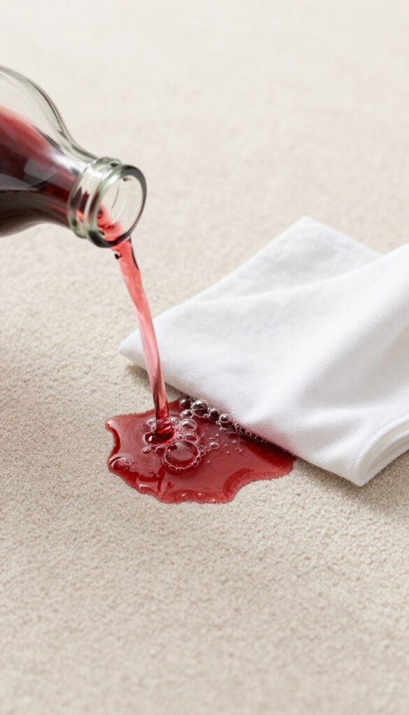 Club soda being used to clean a fresh red wine stain on a beige carpet, with a white cloth blotting the area.