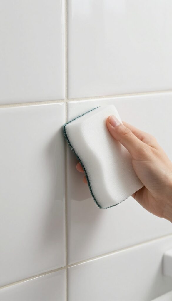 Hand using a Magic Eraser sponge to clean bathroom grout, showing a clean strip on light gray grout