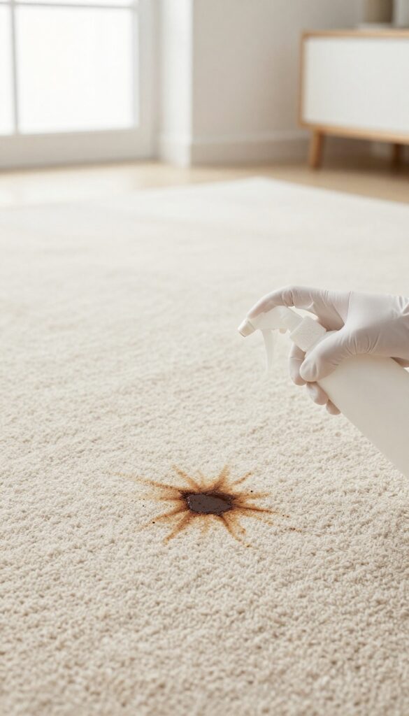 Hand spraying commercial carpet spot remover on a coffee stain on beige carpet in a bright room