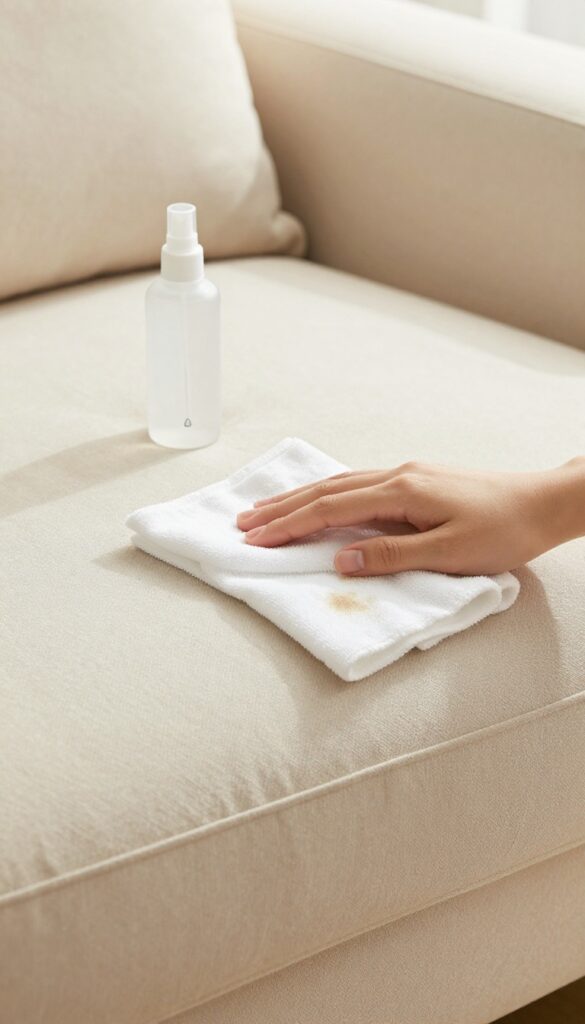 Cleaning couch fabric with white vinegar and water spray bottle and cloth