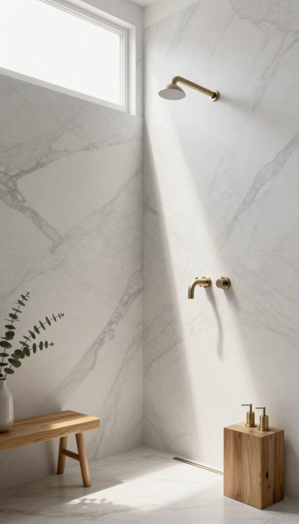 Bookmatched marble slabs in a bright, minimalist shower with mirrored veining and natural light