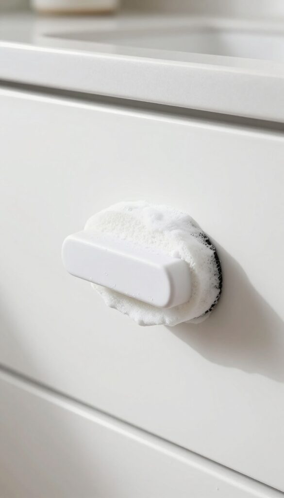 Cleaning kitchen cabinet with Magic Eraser removing sticky residue near handle