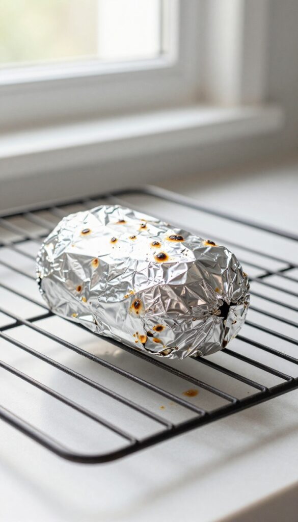 Aluminum foil ball scrubber on a dirty oven rack with burnt spots
