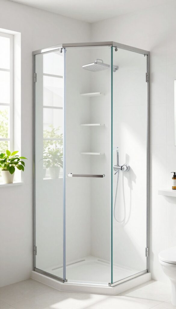 Small bathroom with a corner shower unit, sliding glass door, built-in shelving, and natural light.