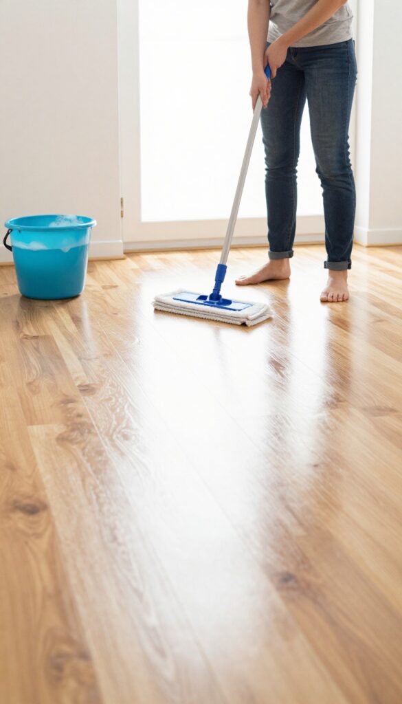 Person mopping a shiny hardwood floor in a sunlit room