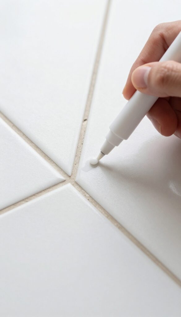 Hand using a bleach pen to spot clean grout on a white tile floor