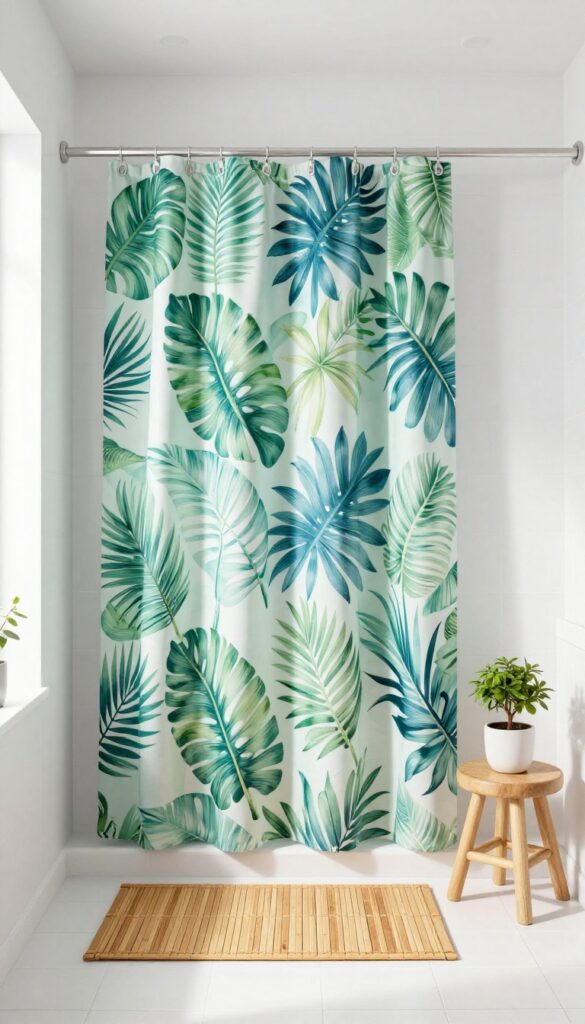 A bright bathroom with a botanical leaf print shower curtain, bamboo mat, wooden stool, and potted plant, creating a serene nature-inspired look.