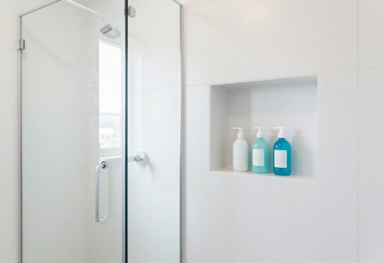 Small bathroom with frameless glass shower and built-in niche