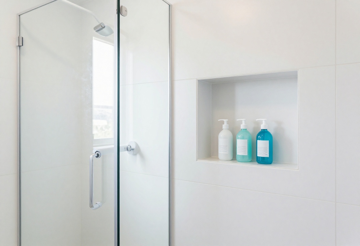 Small bathroom with frameless glass shower and built-in niche