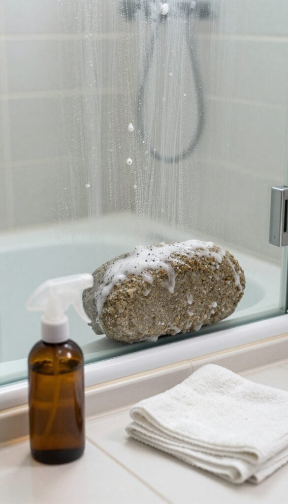 Close-up of a wet pumice stone cleaning heavy hard water stains on a glass shower door