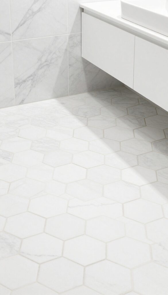 Geometric penny round tiles in hexagon sheets on bathroom floor