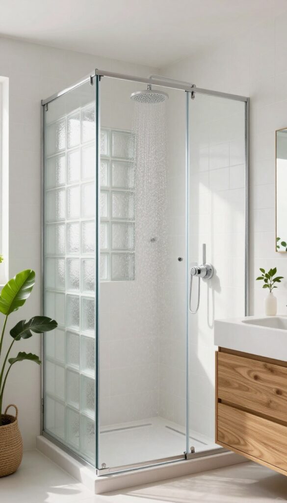 Small bathroom with a glass block wall shower enclosure letting in natural light, modern and airy design.