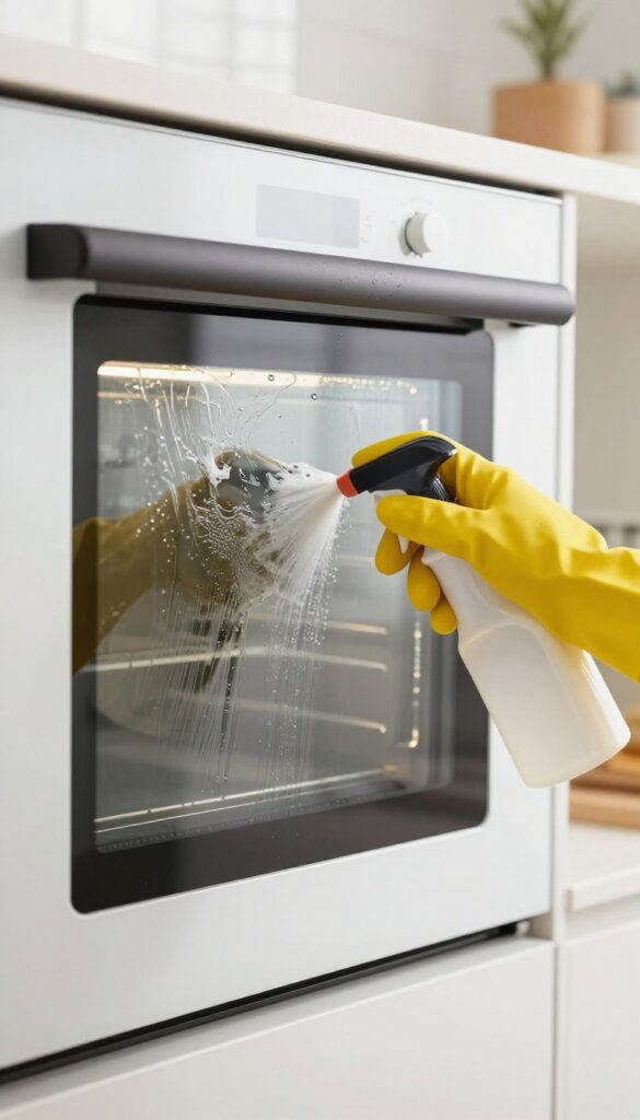 Hand spraying commercial oven cleaner on greasy oven glass
