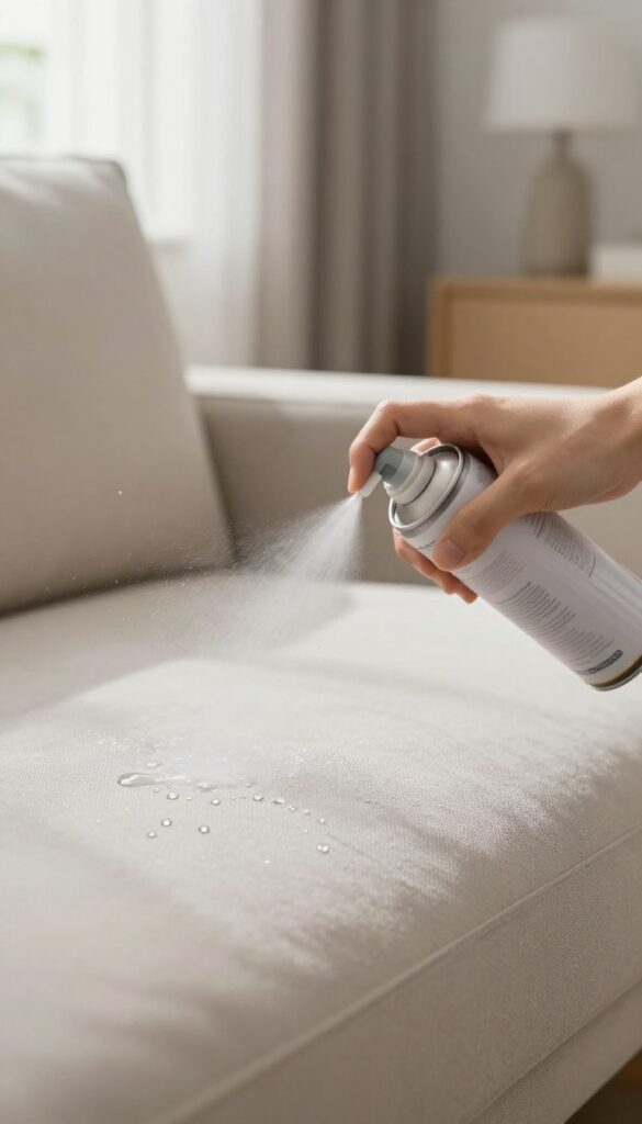 Hand spraying upholstery guard on a clean couch, with water beading on the fabric surface.