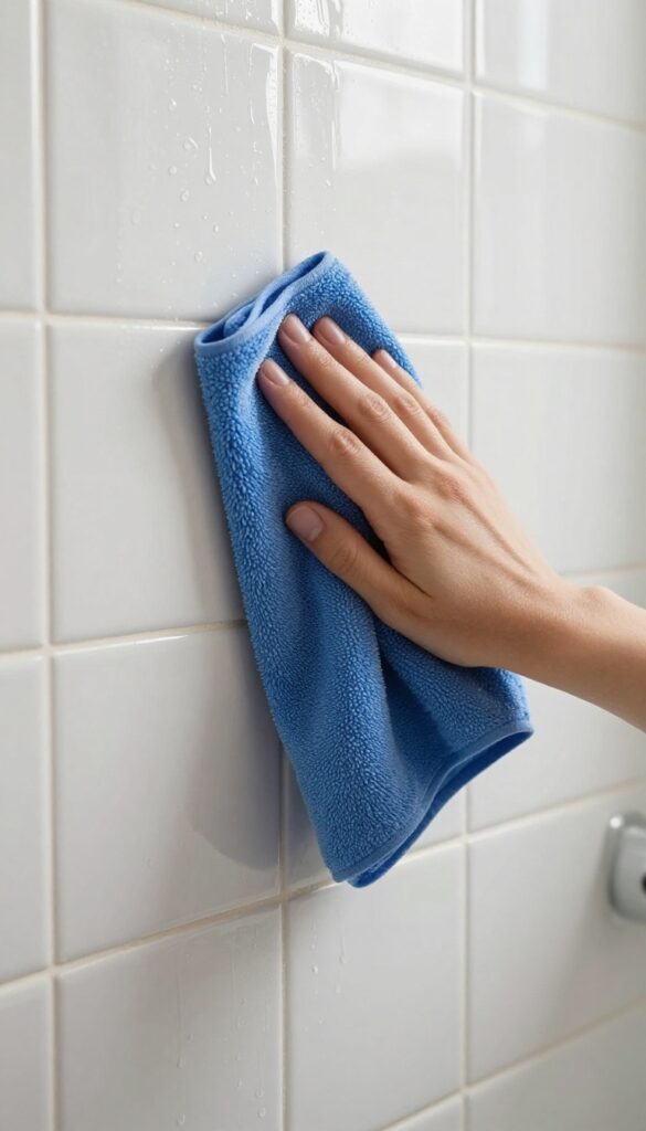 Hand drying wet shower tile with a blue microfiber cloth, bright natural light, clean and glossy surface.