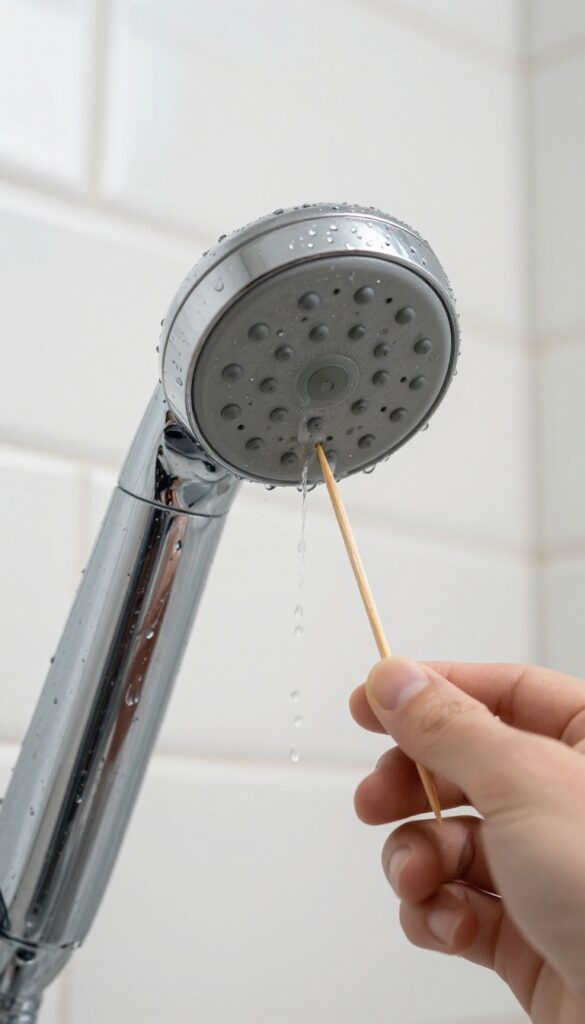 Hand using a toothpick to clean mineral deposits from shower head nozzles