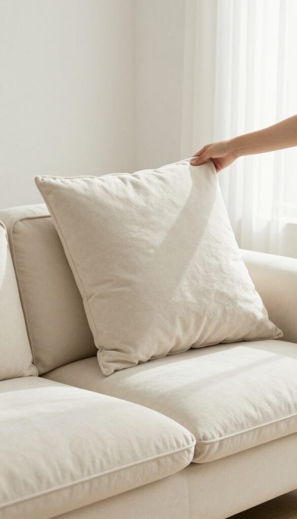 Person rotating a microfiber couch cushion in a bright living room
