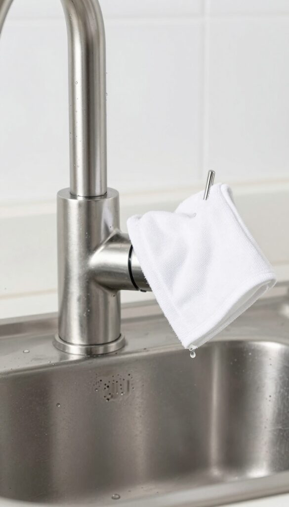 Shiny stainless steel faucet with baby oil and microfiber cloth