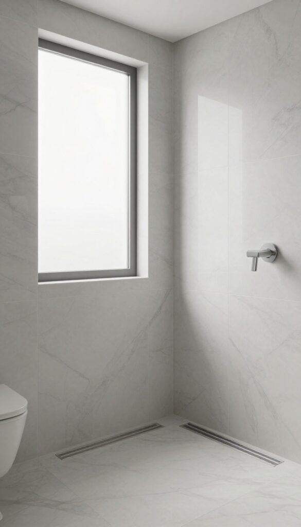 Sleek minimalist bathroom shower with linear drain and large marble-look tiles