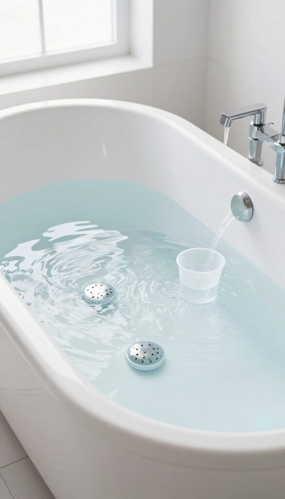 Adding bleach solution to a bathtub with jets for sanitization