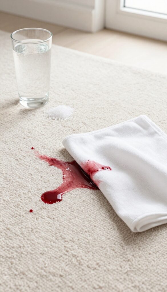 Cleaning a red wine stain on a carpet with club soda and salt