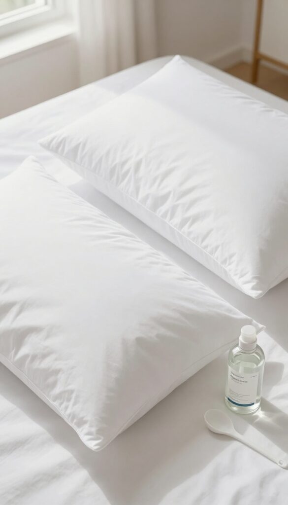 Fluffy white pillows on a bed with a bottle of hypoallergenic detergent beside them, natural light, clean and fresh look.
