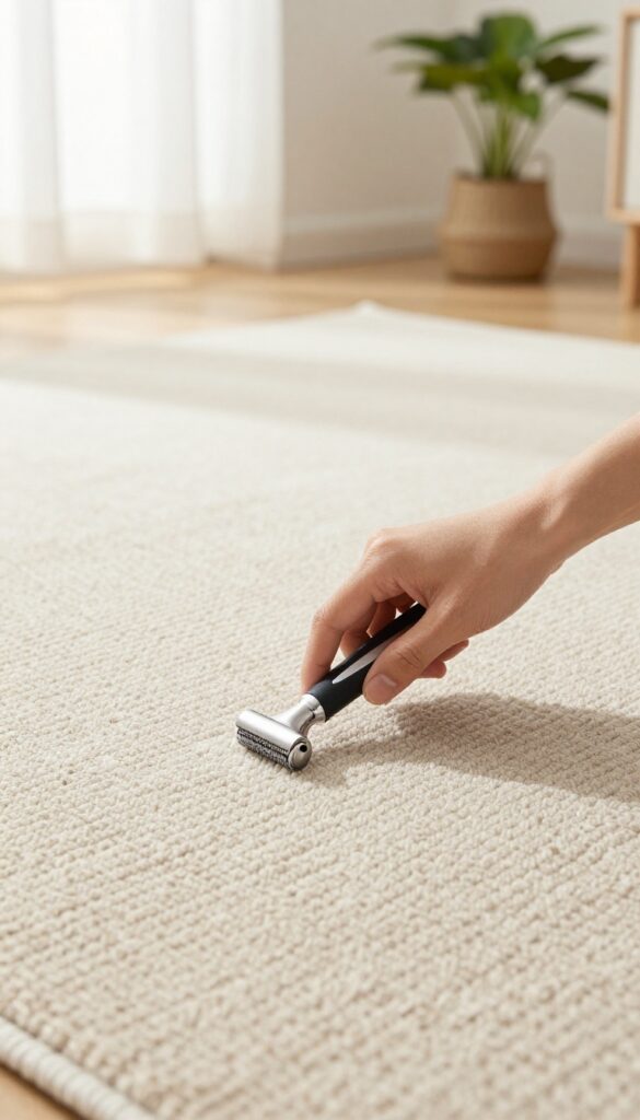 Hand using fabric shaver to remove pilling from a beige rug in a bright living room