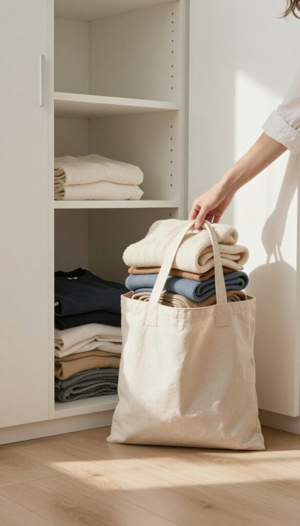 A woman placing a folded sweater into a donation bag next to a clean, organized closet in a bright room.