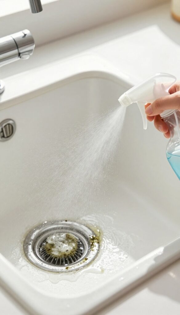 Spraying tea tree oil solution on moldy sink caulk