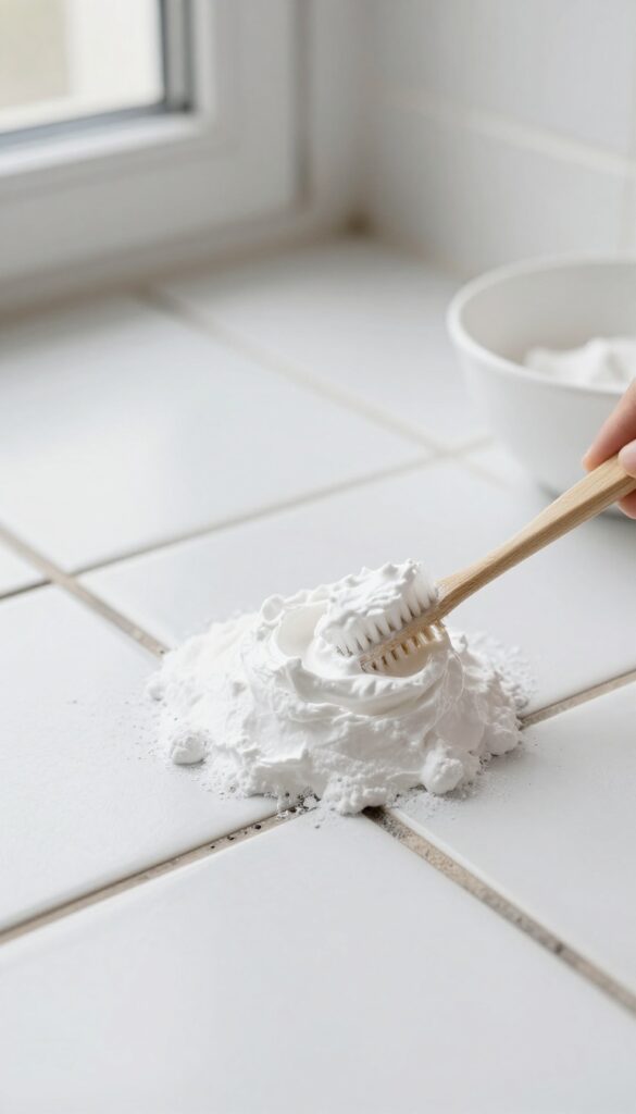 Applying baking soda paste to tile grout with a toothbrush for gentle scrubbing