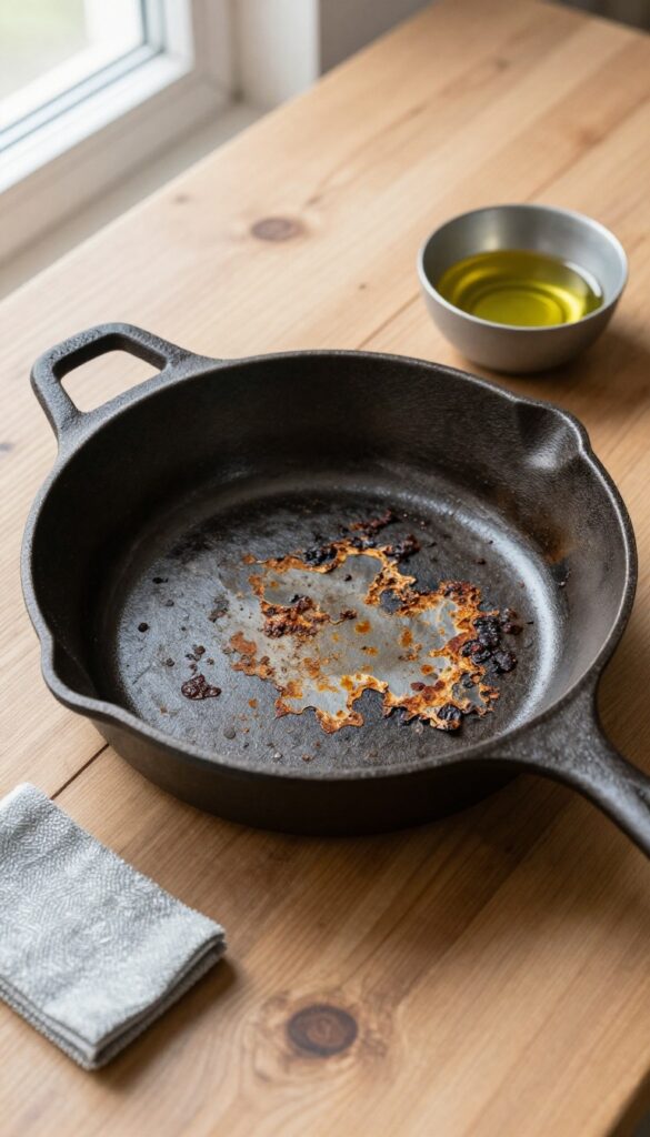 Cast iron skillet with stripped seasoning and cleaning tools on wooden table
