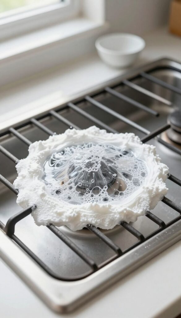Hydrogen peroxide and baking soda paste applied to a stove grate for cleaning heavy buildup