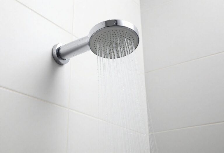 Clean shower head with water droplets in a bright bathroom