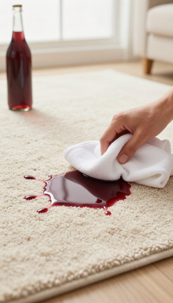 Club soda being used to clean a fresh red wine stain on a beige wool rug in a bright living room
