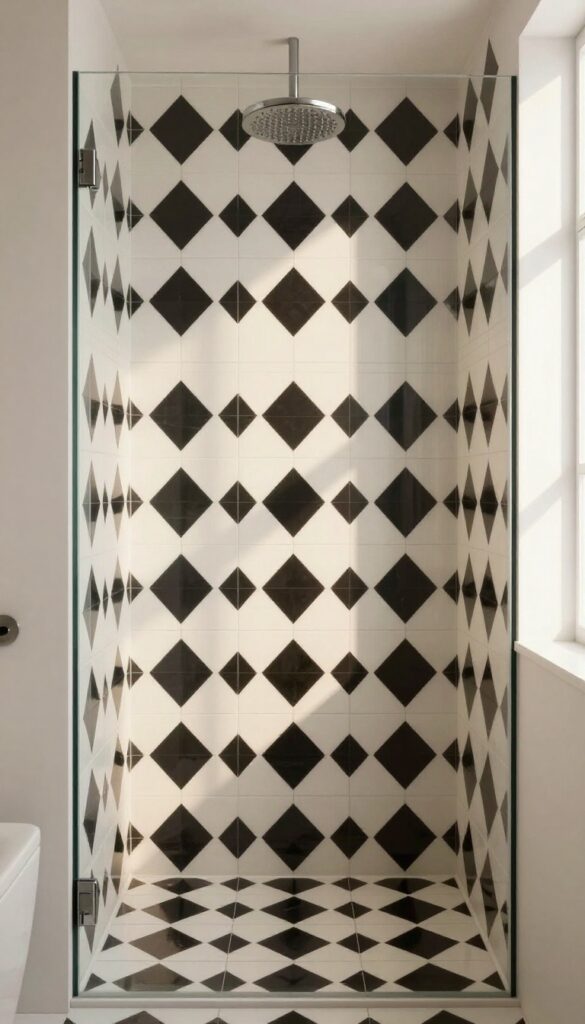 Modern shower with black and white diamond geometric patterned tile accent wall