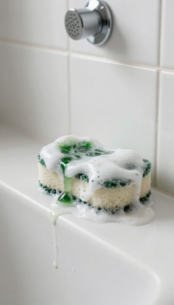 Applying dish soap and baking soda paste to greasy soap scum on shower tile