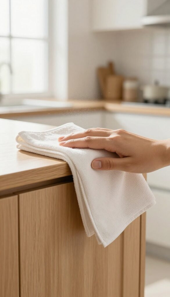 A person dry dusting kitchen cabinets with a microfiber cloth in a bright kitchen.