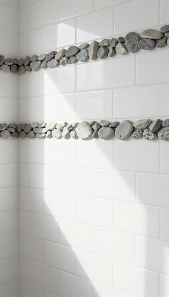 Modern bathroom shower wall with large white subway tiles and a horizontal river rock border, natural light, clean and bright composition.